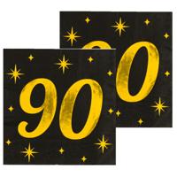 Verjaardag feest servetten - leeftijd 90 jaar - 32x stuks - zwart/goud - sterren - 33 x 33 cm