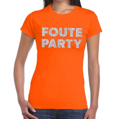 Foute Party verkleed t-shirt - zilveren glitter tekst - oranje - voor dames - Party kleding