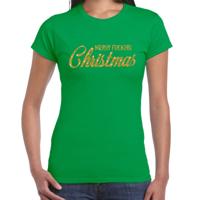 Foute kersttrui t-shirt - voor dames - groen met gouden glitters - Merry Fucking Christmas