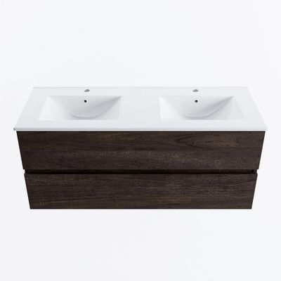 MONDIAZ VICA 120cm badmeubel onderkast Dark Brown 2 lades. Wastafel DENIA dubbel 2 kraangaten, kleur Glanzend Wit.