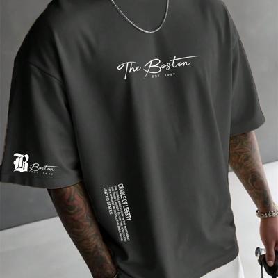 Bon&Bon Men's Letter Print T-Shirt - Casual Apricot Drop Shoulder Tee Grey / M