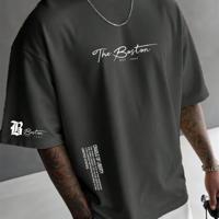 Bon&Bon Men's Letter Print T-Shirt - Casual Apricot Drop Shoulder Tee Grey / M