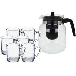 Glazen theepot met filter/infuser van 1,5 liter met 6x stuks theeglazen van 260 ml