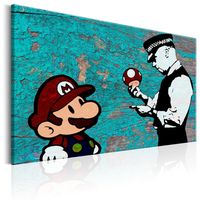 Schilderij - Mario en Politieagent op hout , Banksy , houtlook - thumbnail