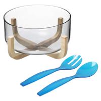 Secret de Gourmet Saladekom/serveerschaal - glas - plastic slacouvert blauw - Dia 24 cm - Saladeschalen - thumbnail