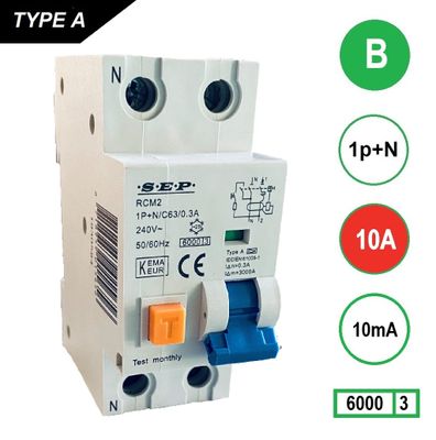 SEP Aardlekautomaat 10A B Kar 10mA 2 polig 36mm RCM2 Kema Keur 230V automaat en aardlek in een