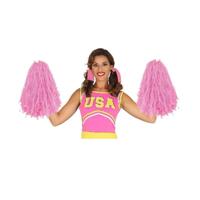 2x Stuks cheerball/pompom met ringgreep - roze - 28 cm - Cheerleader verkleed accessoires