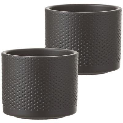 Mica Decorations Bloempot - Set van 2x stuks - antraciet - relief - keramiek - D12 x H10 cm - plante