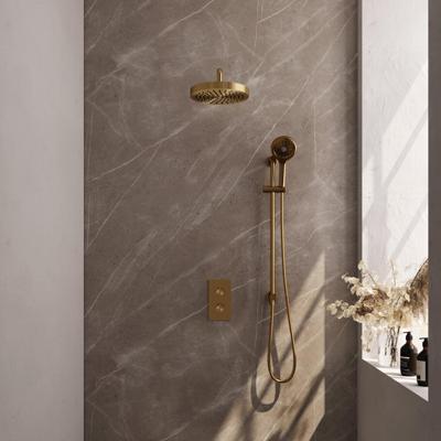 BRAUER Stripe Thermostatische Inbouw Regendouche - 3-weg - rechthoekig - SET 23 - 25cm douchekop - gebogen muurarm - 3-standen handdouche - doucheslang - geïntegreerde glijstang - goud geborsteld PVD 5-GG-409