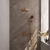 BRAUER Stripe Thermostatische Inbouw Regendouche - 3-weg - rechthoekig - SET 23 - 25cm douchekop - gebogen muurarm - 3-standen handdouche - doucheslang - geïntegreerde glijstang - goud geborsteld PVD 5-GG-409