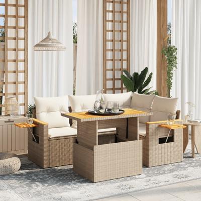 5-delige Loungeset met kussens poly rattan beige