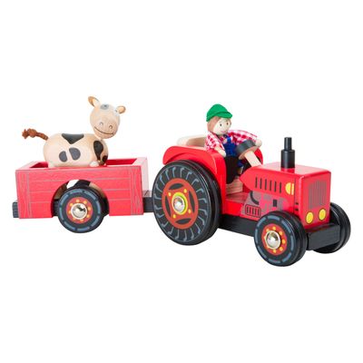 Small Foot houten tractor met aanhangwagen rood en speelfiguren, 4dlg.