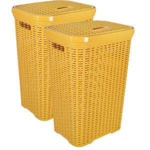 Wasmand met deksel Rotan - 2x - okergeel - gevlochten kunststof - 60 liter - 34 x 43 x 62 cm