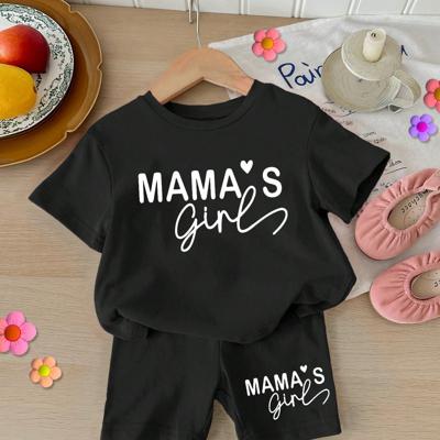 Baby Girls 2pcs Set Round Neck Short Sleeve T-Shirt And Leggings, Casual & Minimalist Black