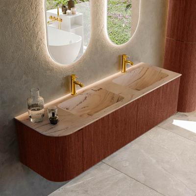 Badmeubel Mondiaz Kurve-Dlux | 155 cm | Meubelkleur Ruby | Wastafelkleur Arena | Solid surface | Dubbel / Rechts spoelbak | 2 kraangaten