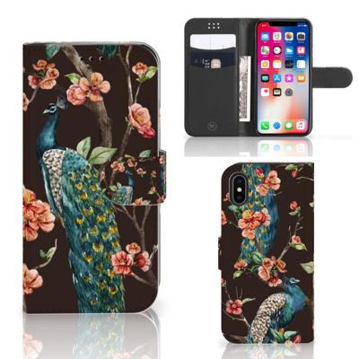 Apple iPhone X | Xs | Telefoonhoesje | Met pasjeshouder | Pauw met Bloemen