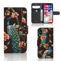 Apple iPhone X | Xs | Telefoonhoesje | Met pasjeshouder | Pauw met Bloemen