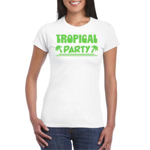 Tropical party T-shirt voor dames - met glitters - wit/groen - carnaval/themafeest