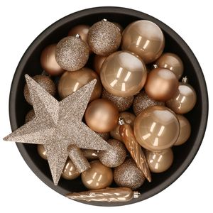 Set van 33x stuks kunststof kerstballen met ster piek toffee bruin mix