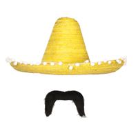 Carnaval verkleed set - Mexicaanse sombrero hoed met plaksnor - geel - heren - thumbnail