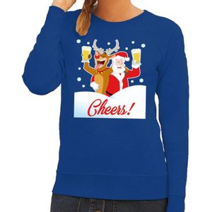 Foute kersttrui cheers met dronken kerstman blauw dames