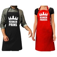 Koppel cadeau set: 1x Keuken prins keukenschort zwart heren + 1x Keuken prinses rood dames - thumbnail