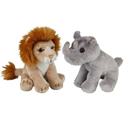 Ravensden - Safari dieren knuffels - 2x stuks - Neushoorn en Leeuw - 15 cm - Dieren knuffels