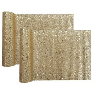 Kerst thema tafelloper op rol - 2x - goud glitter - 28 x 300 cm - polyester