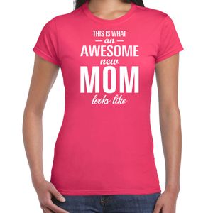 Awesome new mom t-shirt fuchsia roze voor dames - Cadeau aanstaande moeder/ zwanger