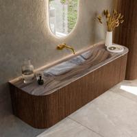 Badmeubel Mondiaz Kurve-Dlux | 160 cm | Meubelkleur Walnut | Wastafelkleur Sombra | Solid surface | Wasbak midden spoelbak | Zonder kraangat(en)