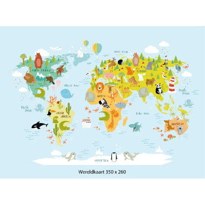 Designed4Kids wandvullend behang kinderkamer wereldkaart dieren-350 x 260 cm