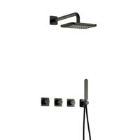 Hotbath Gal - Inbouw Regendoucheset - Geborsteld Gunmetal PVD - 2 Stopkranen - Thermostatisch - Wandarm 35 cm - Hoofddouche 220 mm - Staafhanddouche - V02