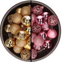 Kunststof kerstballen 74x stuks goud en roze 6 cm