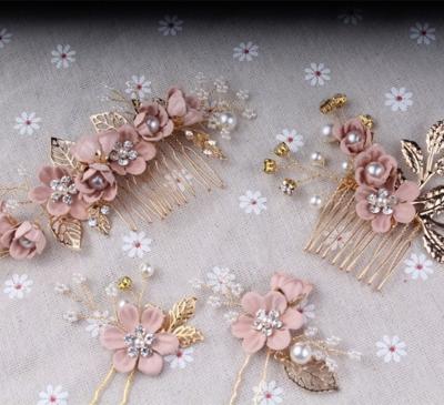 Mode bloem haar kammen hoofdtooi Prom Bridal Wedding haaraccessoires bladgoud haar juwelen haar pinnen (roze sets)