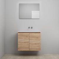 On-Line Badkamermeubelset - 80 cm - Voorgemonteerd - Greeploos 2 Deuren - Acryl Wastafel - zonder Kraangat - Spiegel - Eiken