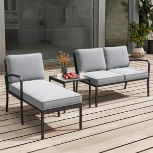 3-Delig Tuinlounge Tuinmeubelset Buiten Lounge met Tafel en Kussens Terrasmeubels Zitgroep voor Tuin Terras Balkon Grijs