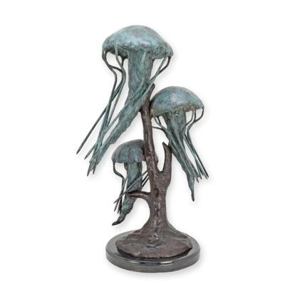 A BRONZE SCULTPURE OF THREE JELLY FISH ON A MARBLE BASE