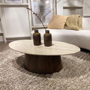 Livingfurn Ovale Salontafel Valentino Mangohout en Travertin, 120 x 65cm - Bruin - Ovaal