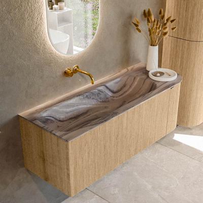 Badmeubel Mondiaz Kurve-Dlux | 125 cm | Meubelkleur Oak | Wastafelkleur Sombra | Solid surface | Wasbak linker zijde spoelbak | Zonder kraangat(en)