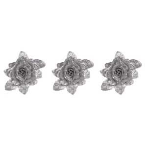 3x stuks decoratie bloemen roos zilver glitter met blad op clip 15 cm