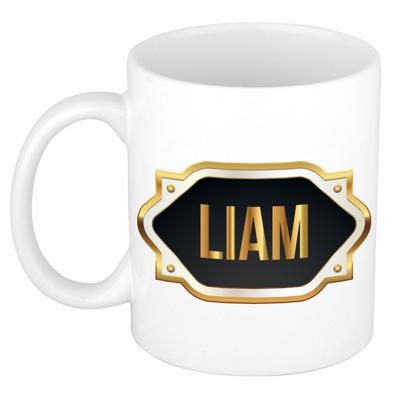 Naam cadeau mok - heren - Liam - gouden embleem - 300 ml - meester - bedankje