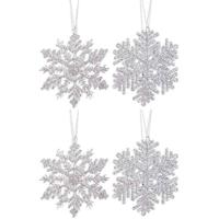 4x Kersthangers figuurtjes zilveren sneeuwvlok/ster 12 cm glitte