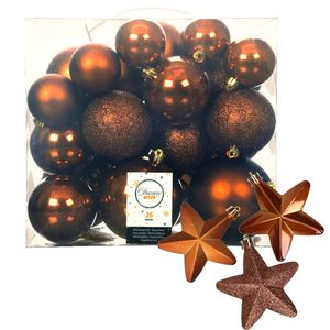 Pakket 32x stuks kunststof kerstballen en sterren ornamenten kaneel bruin - Kerstbal