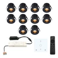Set van 10 Olivia LED Mini Inbouwspots met Trafo en Muurdimmer - 12 Volt 3 Watt 150 lumen - Dimbaar - Verzonken - Plat 36mm - 2700K - IP44 waterdicht - Zwart