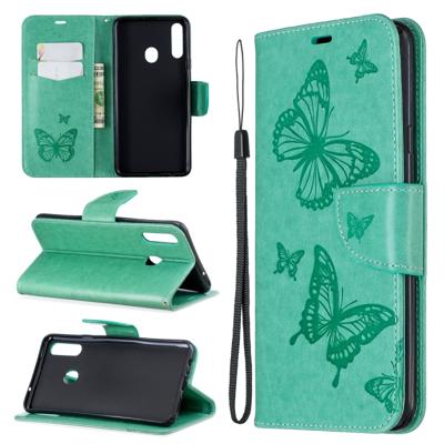 Voor Galaxy A20s twee vlinders reliëf patroon horizontale Flip lederen draagtas met houder & Card slot & portemonnee & Lanyard (groen)