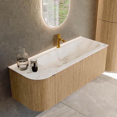 Badmeubel Mondiaz Kurve-Dlux | 125 cm | Meubelkleur Oak | Wastafelkleur Frappe | Solid surface | Rechts spoelbak | 1 kraangat