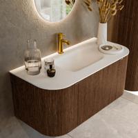 Badmeubel Mondiaz Kurve | 100 cm | Meubelkleur Walnut | Wastafelkleur Talc | Midden spoelbak | 1 kraangat Badmeubel Mondiaz Kurve | 100 cm | Meubelkleur Walnut | Wastafelkleur Talc | Midden spoelbak | 1 kraangat