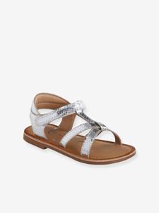 Sandalen met klittenband van leer voor kinderen, kleuterschoolcollectie zilver