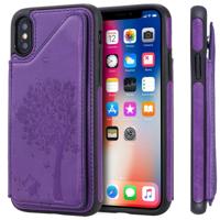 Voor iPhone X kat boom reliëf patroon schokbestendige beschermhoes met kaartsleuven & fotolijstjes (paars)