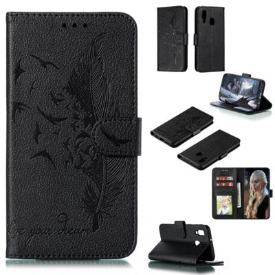 Feather patroon Litchi textuur horizontale Flip lederen draagtas met portemonnee & houder & kaartsleuven voor Galaxy A40 (zwart)